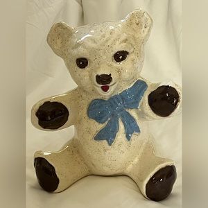 Vintage ceramic baby bear coin bank with blue necktie